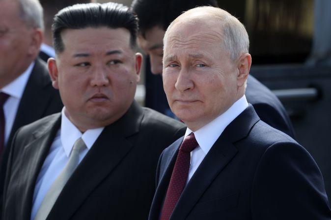 North Korean leader Kim Jong Un, left, and Putin visit the construction site of a rocket launch complex in Tsiolkovsky, Russia, in September 2023. <a href="index.php?page=&url=https%3A%2F%2Fwww.cnn.com%2F2023%2F09%2F12%2Fasia%2Fkim-jong-un-putin-meeting-russia-intl-hnk%2Findex.html" target="_blank">Kim and Putin met at the Vostochny Cosmodrome</a>, in Russia's far east, as both countries face international isolation over Moscow's invasion of Ukraine and Pyongyang's nuclear weapons and ballistic missile program. Putin has said Russia is considering and discussing some military cooperation with North Korea.