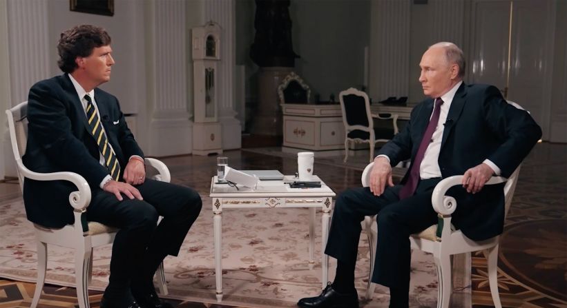 <a href="index.php?page=&url=https%3A%2F%2Fwww.cnn.com%2F2024%2F02%2F09%2Feurope%2Fvladimir-putin-interview-tucker-carlson-gershkovich-intl-hnk%2Findex.html" target="_blank">Putin speaks with American right-wing pundit Tucker Carlson</a> during an interview in February 2024. It was <a href="index.php?page=&url=https%3A%2F%2Fwww.cnn.com%2F2024%2F02%2F08%2Fmedia%2Fvladimir-putin-tucker-carlson-interview-reliable-sources%2Findex.html" target="_blank">Putin's first interview</a> with a Western media figure since his full-scale invasion of Ukraine in February 2022.