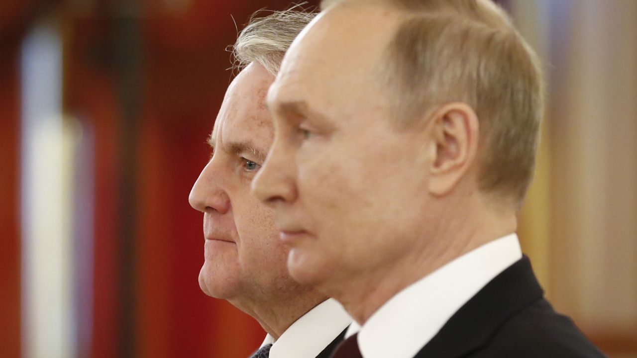 Russian President Vladimir Putin (C) and the new US Ambassador to Russia John Sullivan (L) stand during a ceremony to receive credentials from newly appointed foreign ambassadors to Russia at the Kremlin in Moscow on February 5, 2020. (Photo by Alexander Zemlianichenko / POOL / AFP) (Photo by ALEXANDER ZEMLIANICHENKO/POOL/AFP via Getty Images)