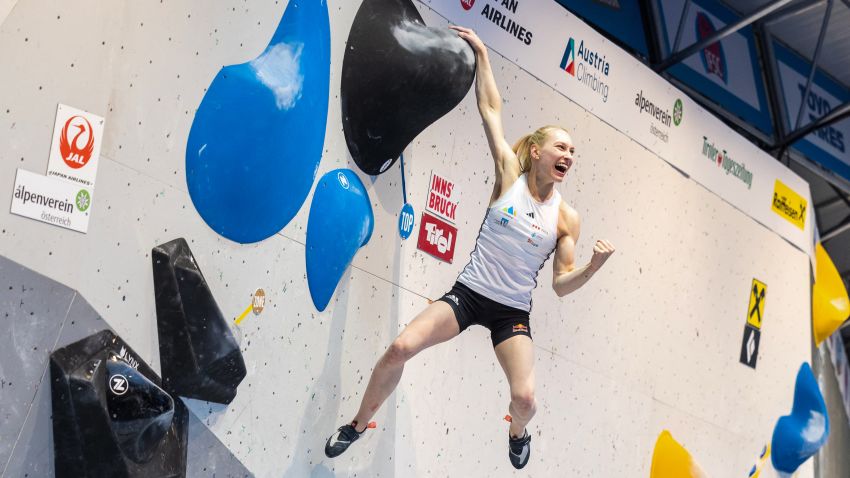 Janja Garnbret of Slovenia competes during the final of women's Boulder competition for the IFSC Climbing World Cup in Innsbruck, on June 15, 2023. (Photo by Johann GRODER / APA / AFP) / Austria OUT (Photo by JOHANN GRODER/APA/AFP via Getty Images)