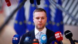 Lithuanian Minister of Foreign Affairs Gabrielius Landsbergis addresses media ahead of a Foreign Affairs Council (FAC) meeting at the EU headquarters in Brussels, on March 18, 2024. (Photo by Kenzo TRIBOUILLARD / AFP) (Photo by KENZO TRIBOUILLARD/AFP via Getty Images)