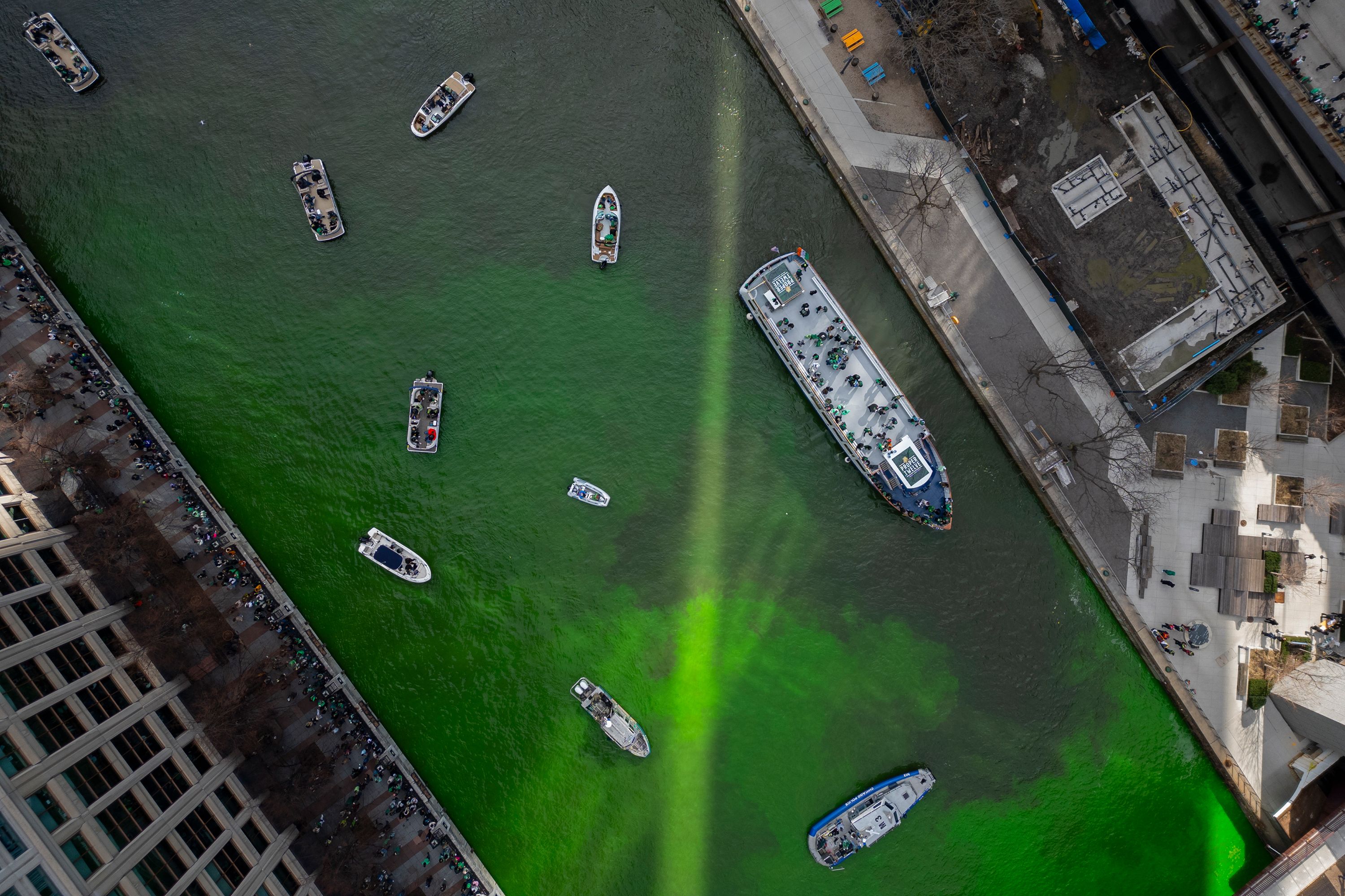 The Chicago River is dyed green ahead of St. Patrick's Day celebrations in Chicago on Saturday, March 16.