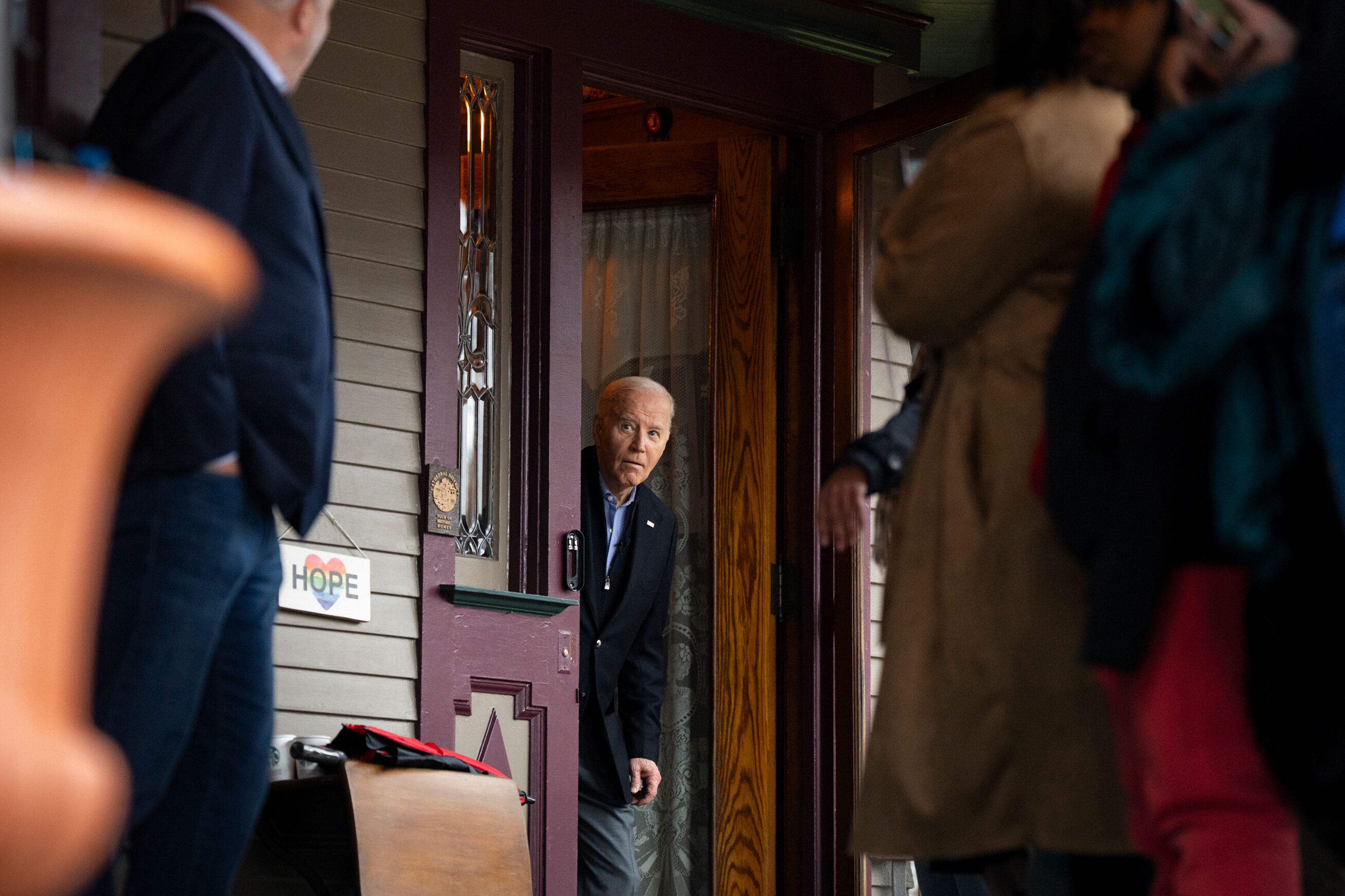 President Joe Biden arrives to greet people during a campaign event in Saginaw, Michigan, on Thursday, March 14.