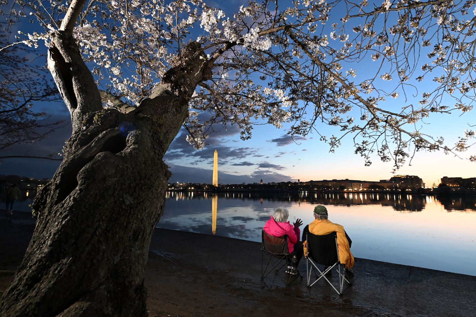 People gather under cherry blossoms along the Tidal Basin in Washington, DC, at dawn Sunday, March 17. <a href="https://www.cnn.com/2024/03/17/us/cherry-blossoms-peak-bloom-washington/index.html" target="_blank">The blossoms have hit "peak bloom,"</a> bursting open in an early spring display after a warm winter, the National Park Service announced Sunday.