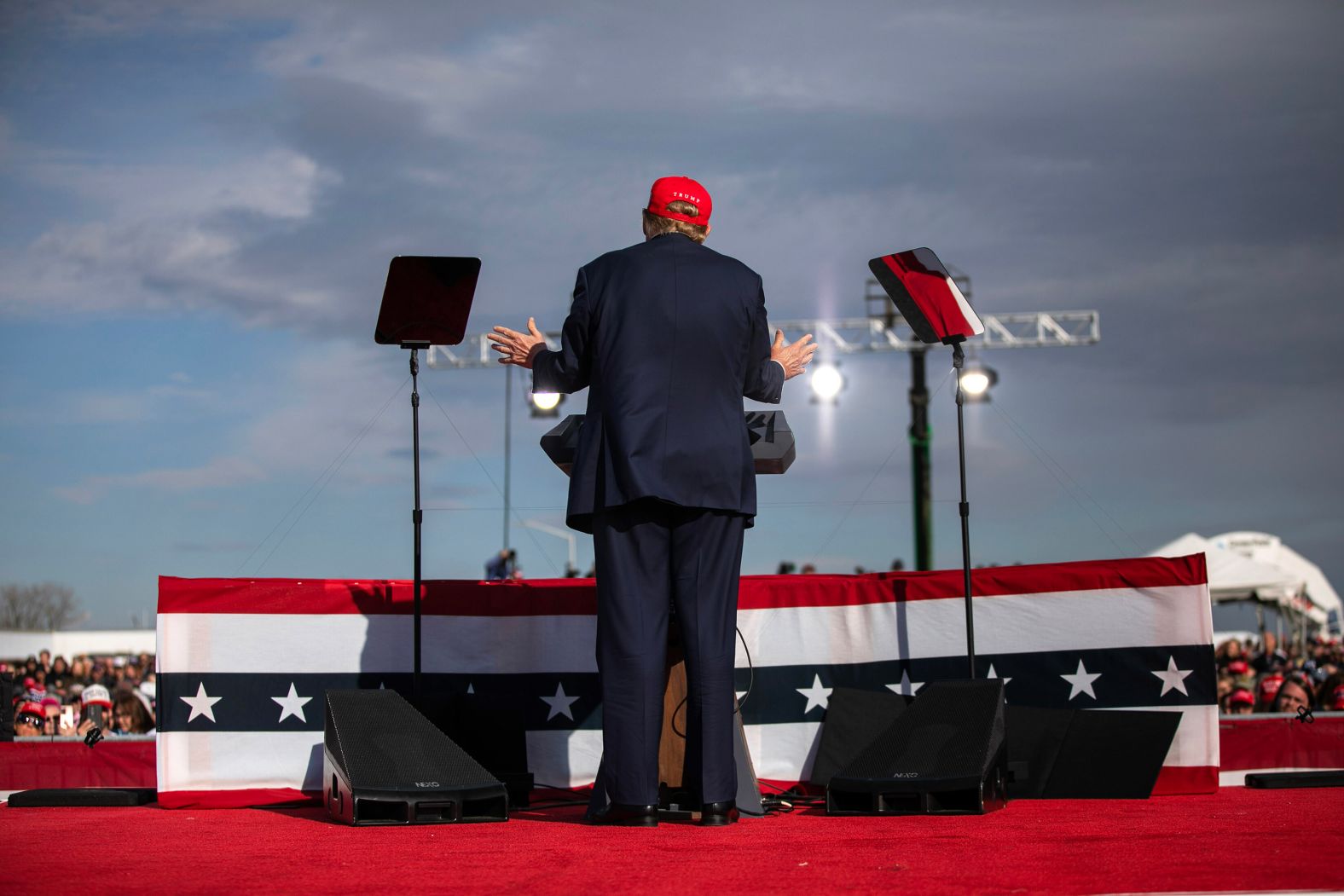 Former President Donald Trump speaks during a rally in Dayton, Ohio, on Saturday, March 16. Trump warned that if he were to lose the 2024 election,<a href="https://www.cnn.com/2024/03/16/politics/trump-bloodbath-auto-industry-election/index.html" target="_blank"> it would be a "bloodbath"</a> for the US auto industry and the country. The remark came as Trump promised a "100% tariff" on cars made outside the US, arguing that domestic auto manufacturing would be protected only if he is elected.