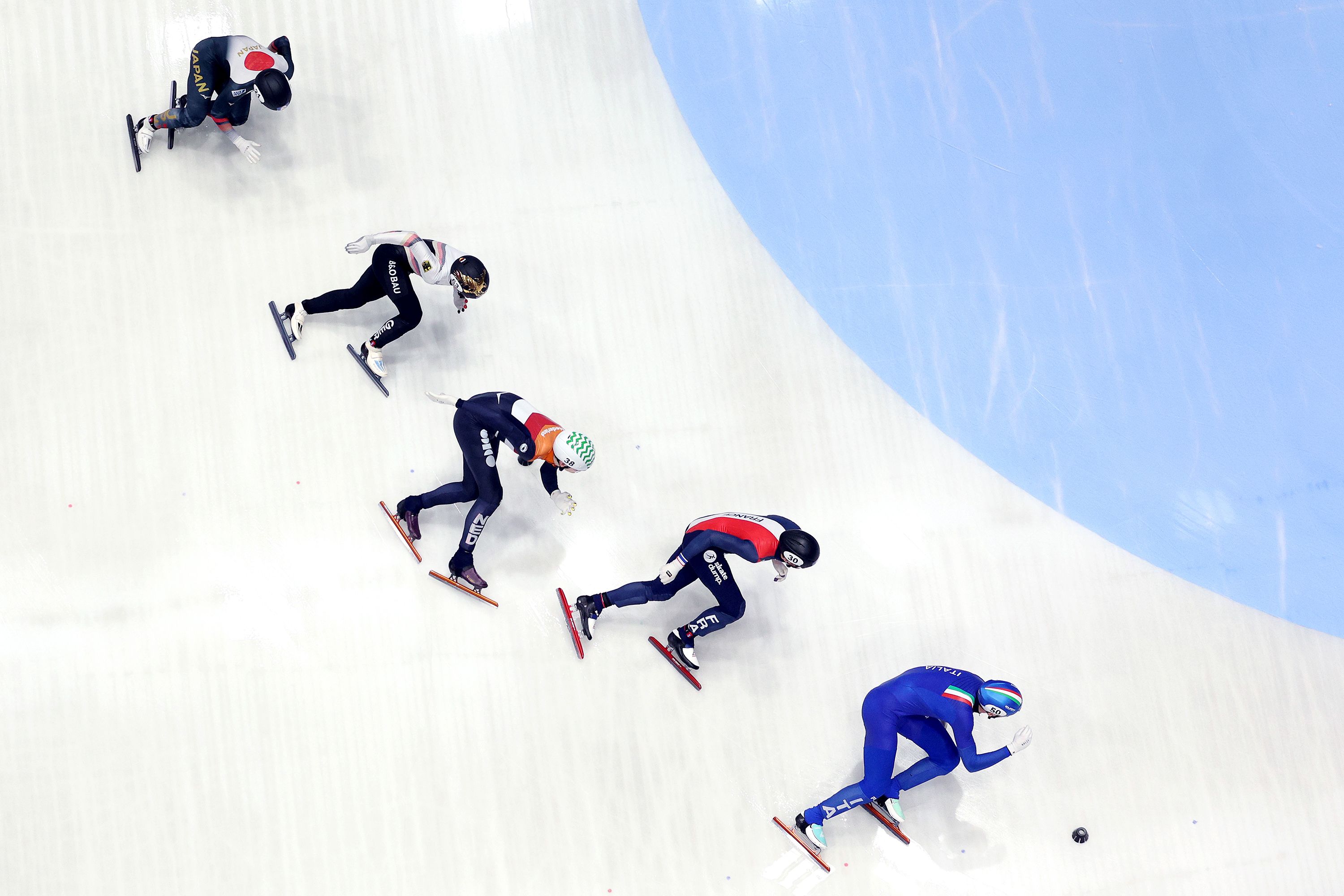 Athletes compete in the men's 500 meters semifinal during ISU World Short Track Speed Skating Championships in Rotterdam, Netherlands, on Saturday, March 16.