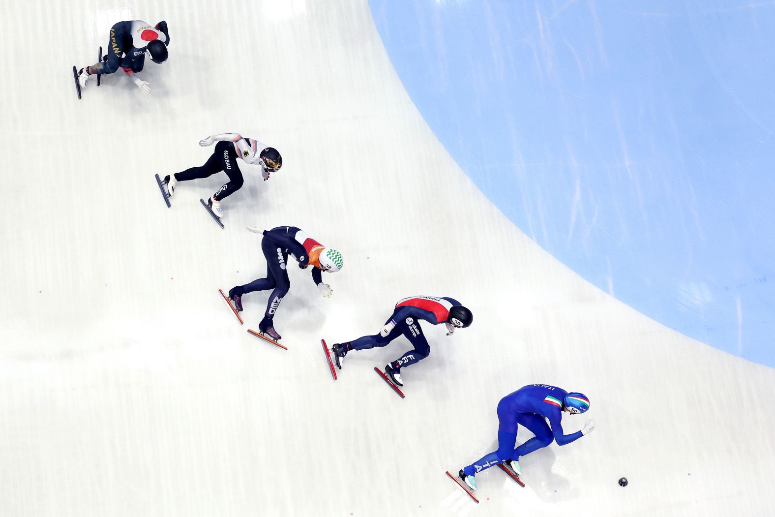 Kay Huisman of Netherlands, Quentin Fercoq of France, Ben Jung Yanghun of Germany, Shogo Miyata of Japan and Thomas Nadalini of Italy compete in the men's 500 meters semifinal during ISU World Short Track Speed Skating Championships in Rotterdam, Netherlands, on Saturday, March 16.