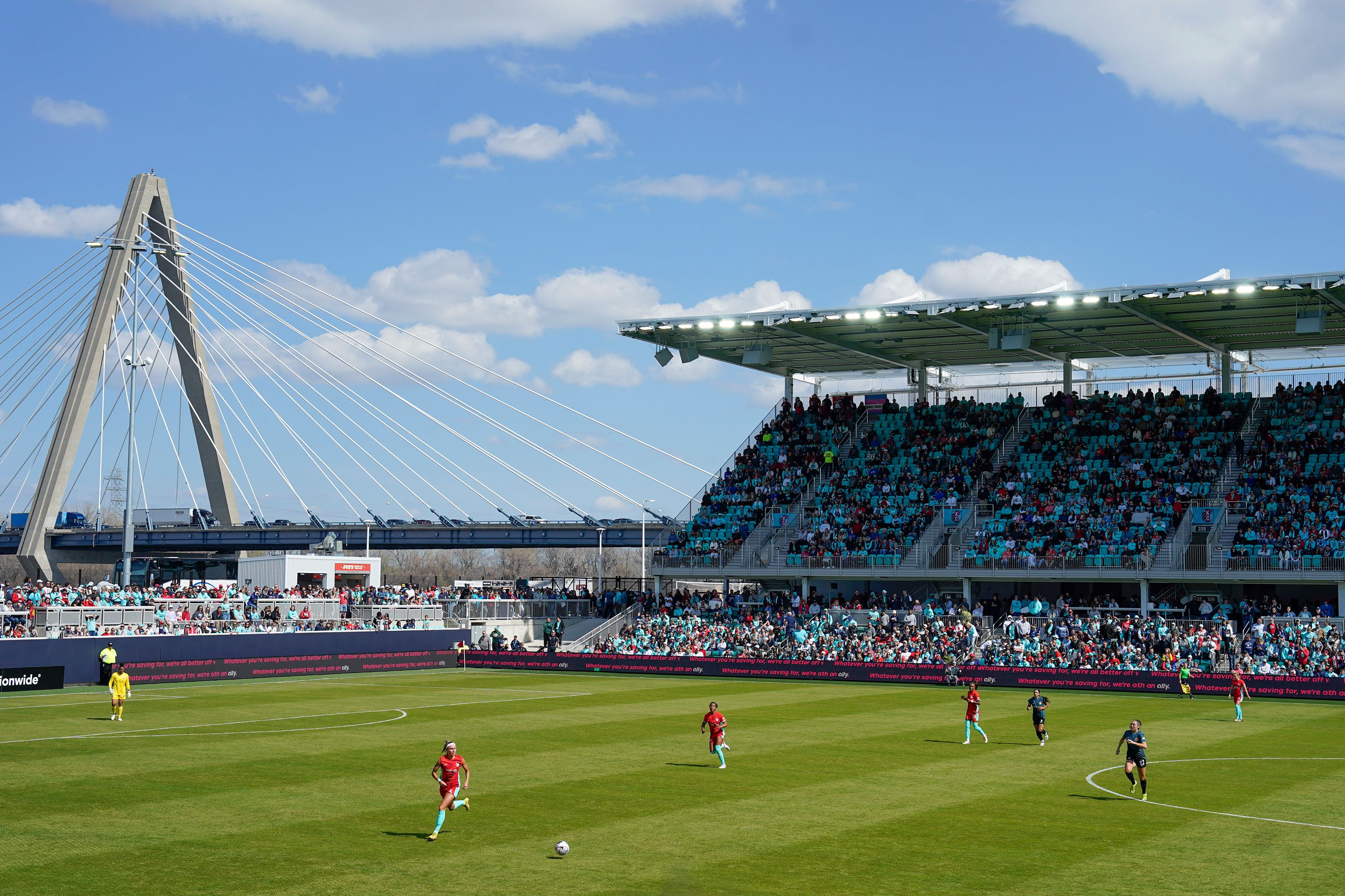 The Kansas City Current compete against Portland Thorns FC during their season opener at CPKC Stadium in Kansas City, Missouri, on Saturday, March 16.