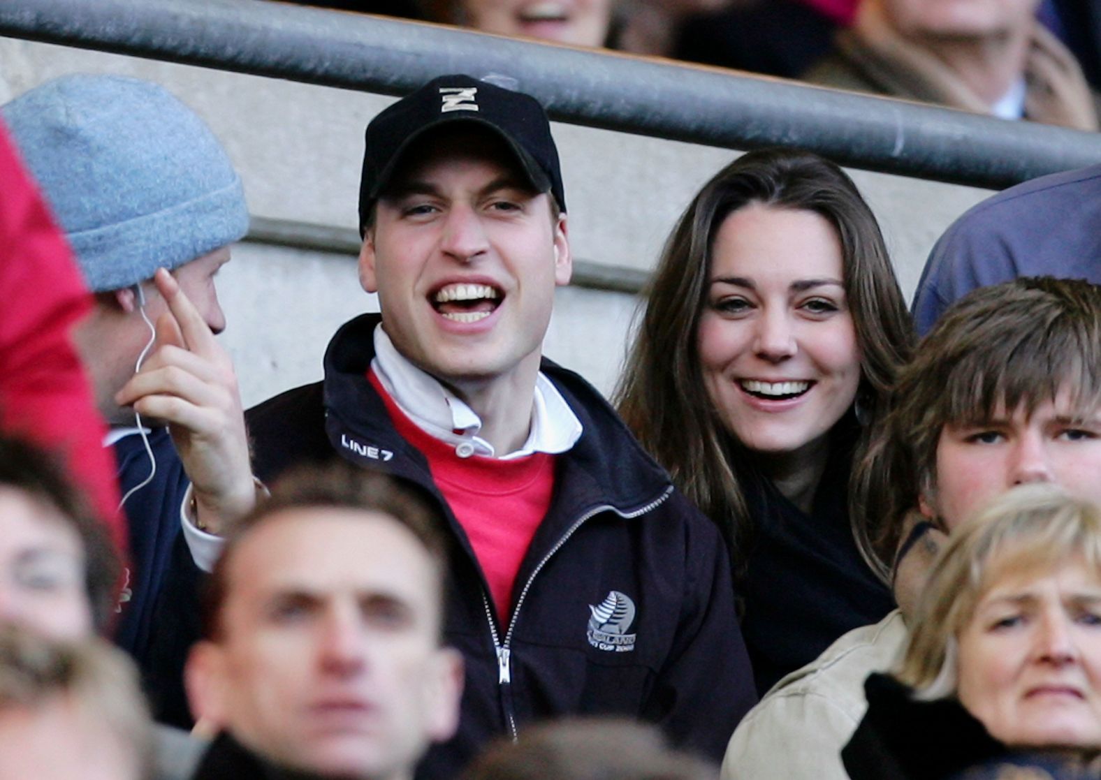Prince William and Kate cheer on the English rugby team during a Six Nations Championship match against Italy in 2007.