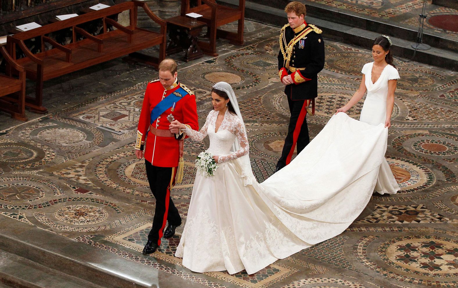 William and Kate are followed by Prince Harry and Pippa Middleton as they leave Westminster Abbey in London after their wedding ceremony in 2011.