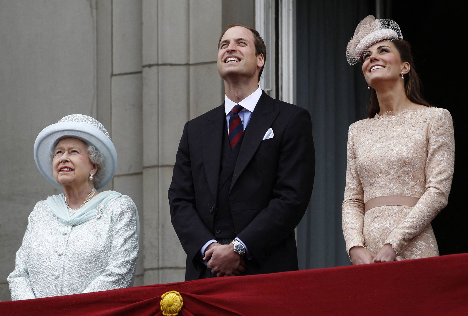 Queen Elizabeth II, William and Kate stand on the balcony of Buckingham Palace during the Queen's Diamond Jubilee celebrations in 2012.
