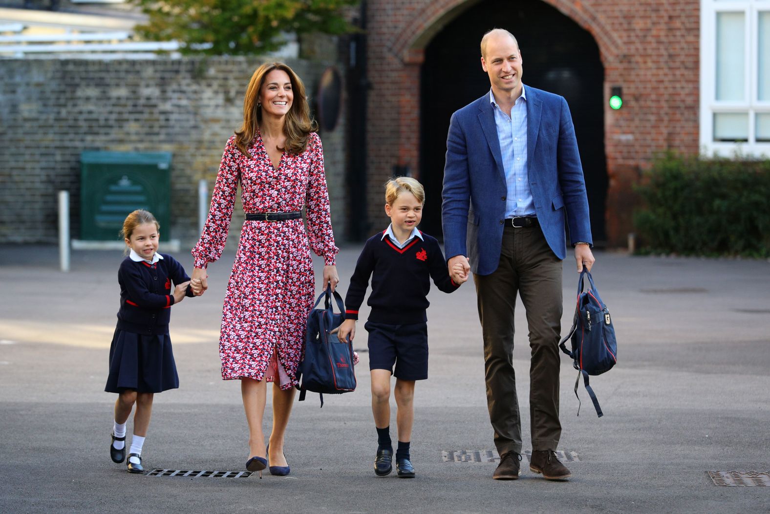Princess Charlotte arrives for her first day of school with her parents and her brother Prince George at Thomas's Battersea in London in 2019.