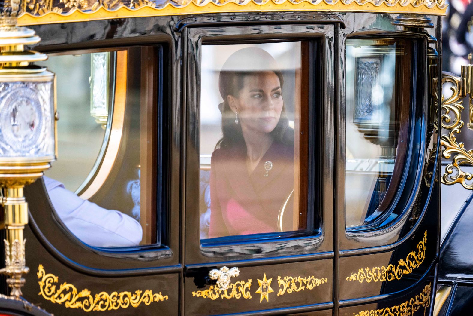 Kate travels in a State Coach to Buckingham Palace following a ceremonial Welcome on Horse Guards Parade in London in 2022.