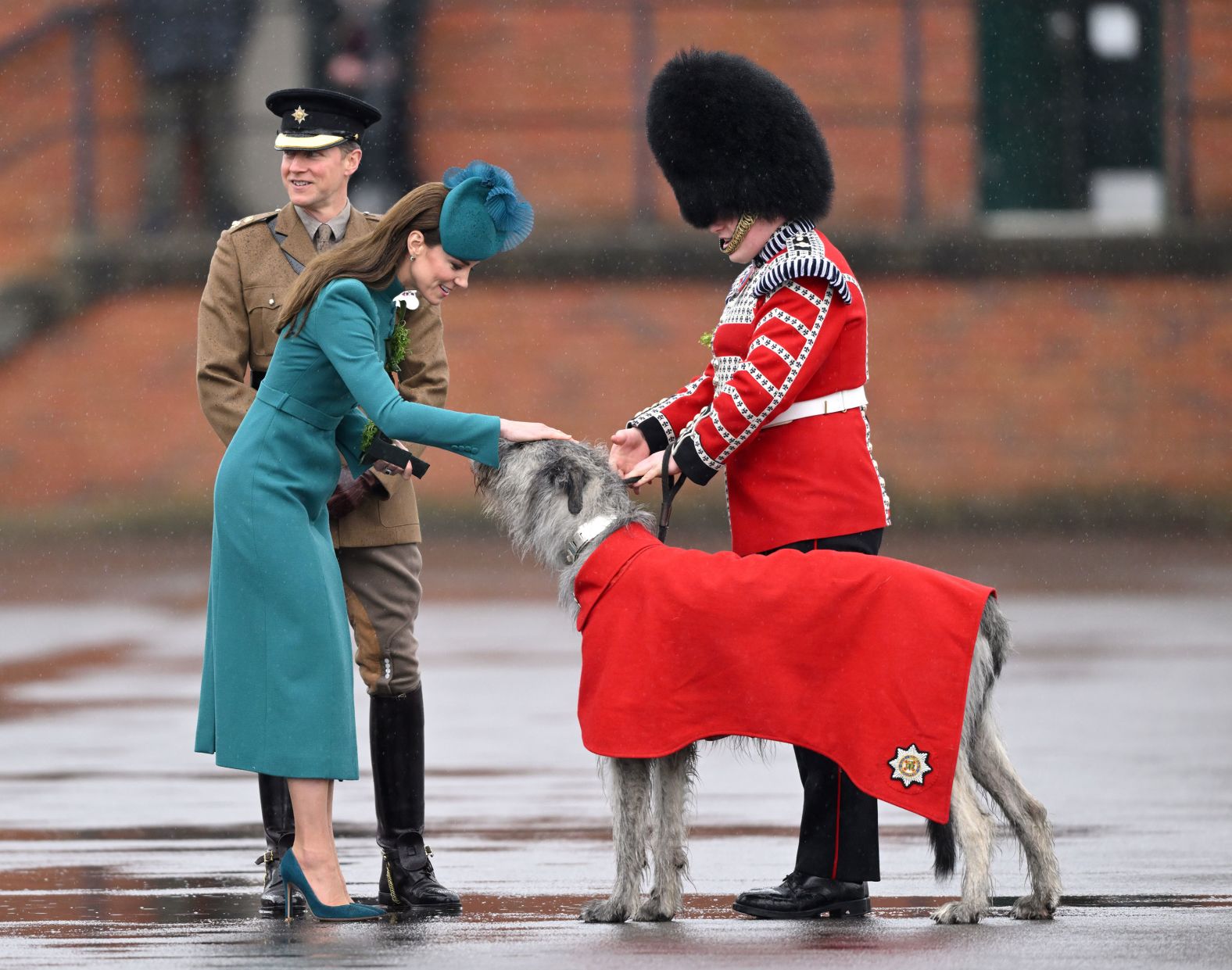 Kate meets with Irish wolfhound Turlough Mor (aka Seamus), the regimental mascot of the Irish Guards, during a St. Patrick's Day Parade in 2023.