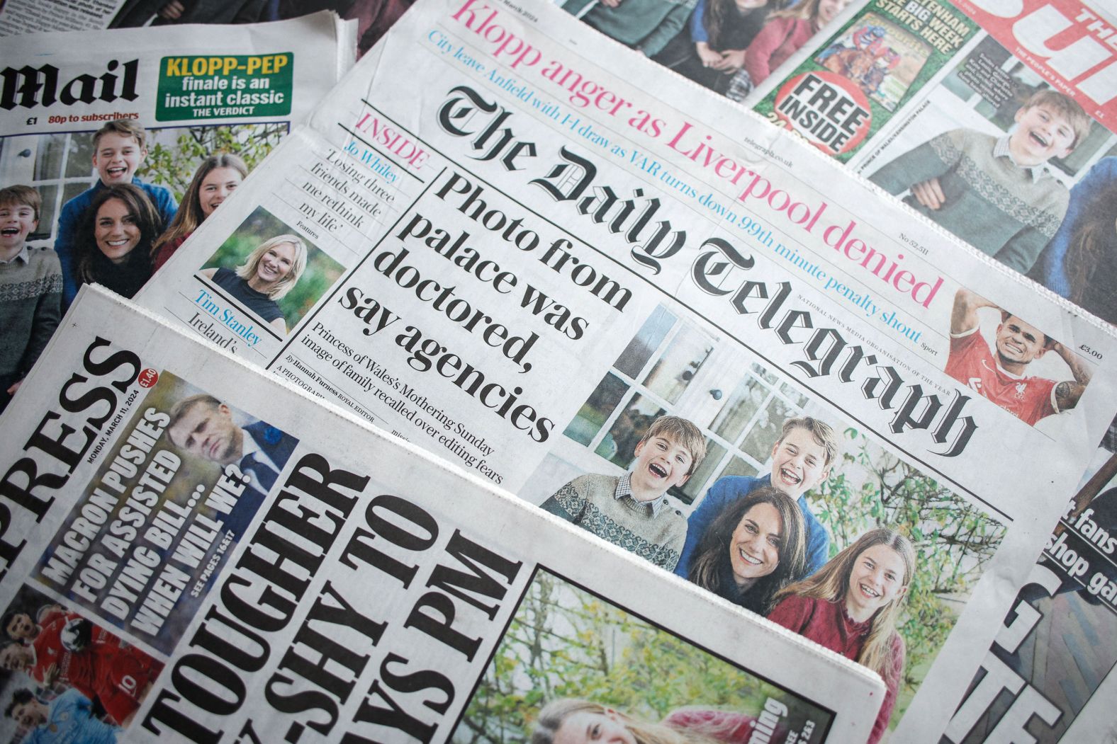 British newspaper front pages feature cover stories on Kate in March 2024 after several major news agencies withdrew a photo distributed by Kensington Palace showing Kate and her children, saying they believed the photo had been manipulated. Kate later apologized and admitted that she had edited the photograph, which was released amid speculation about her health.