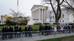 People wait in line outside US Supreme Court to hear oral arguments in the FDA v. Alliance for Hippocratic Medicine case on March 26, 2024, in Washington, DC.
