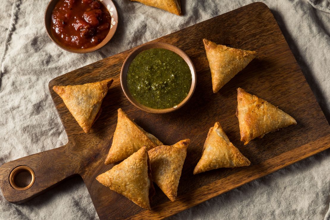 Samosas are a tasty triangular treat.