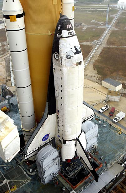 Space Shuttle Columbia sits on Launchpad 39A, atop the mobile launcher platform, at the Kennedy Space Center in Florida on December 9, 2002. 