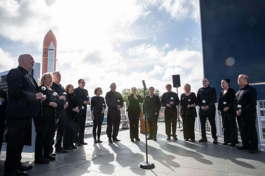 Members of the Space Coast Voices sing the national anthem during the NASA Day of Remembrance ceremony at the Space Mirror Memorial in Florida on January 30, 2020. The crews of Apollo 1 and space shuttles Challenger and Columbia, as well as other fallen astronauts who lost their lives in the name of space exploration and discovery, were honored at the annual event.