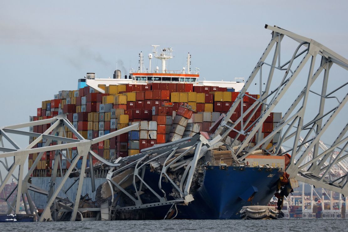 A view of the Dali cargo vessel which crashed into the Francis Scott Key Bridge causing it to collapse in Baltimore, Maryland, U.S., March 26, 2024. REUTERS/Julia Nikhinson