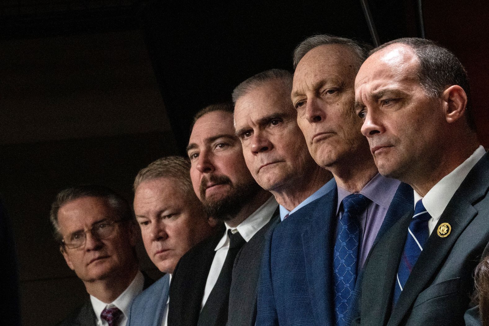 From left, US Reps. Tim Burchett, Warren Davidson, Eli Crane, Matt Rosendale, Andy Biggs and Bob Good, members of the far-right House Freedom Caucus, attend a news conference about a government spending bill they opposed on Friday, March 22. <a href="index.php?page=&url=https%3A%2F%2Fwww.cnn.com%2F2024%2F03%2F22%2Fpolitics%2Ffederal-government-shutdown-march-friday%2Findex.html" target="_blank">The Senate passed a government funding package</a> early Saturday morning, averting a partial shutdown and ending a lengthy fight that has loomed over both sides of Capitol Hill for months.