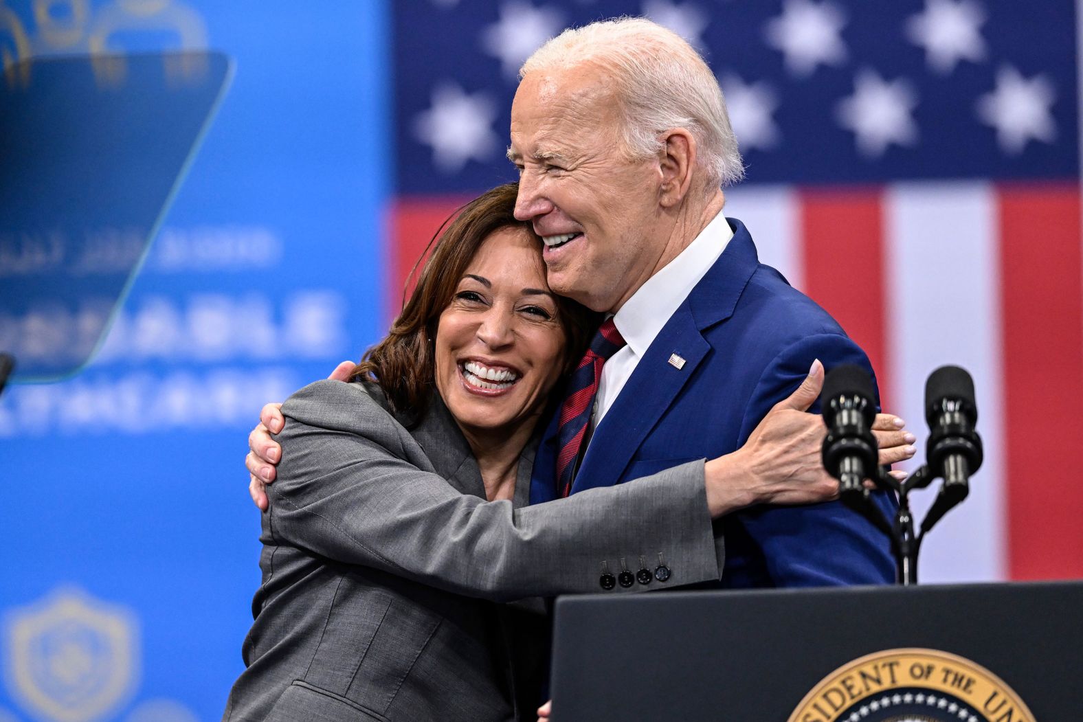 US Vice President Kamala Harris embraces President Joe Biden after a speech in Raleigh, North Carolina, on Tuesday, March 26. <a href="index.php?page=&url=https%3A%2F%2Fwww.cnn.com%2F2024%2F03%2F26%2Fpolitics%2Fjoe-biden-kamala-harris-north-carolina%2Findex.html" target="_blank">The rare joint appearance</a> highlighted the emphasis that the duo will place on health care, which they believe is a winning issue for them ahead of November's election.