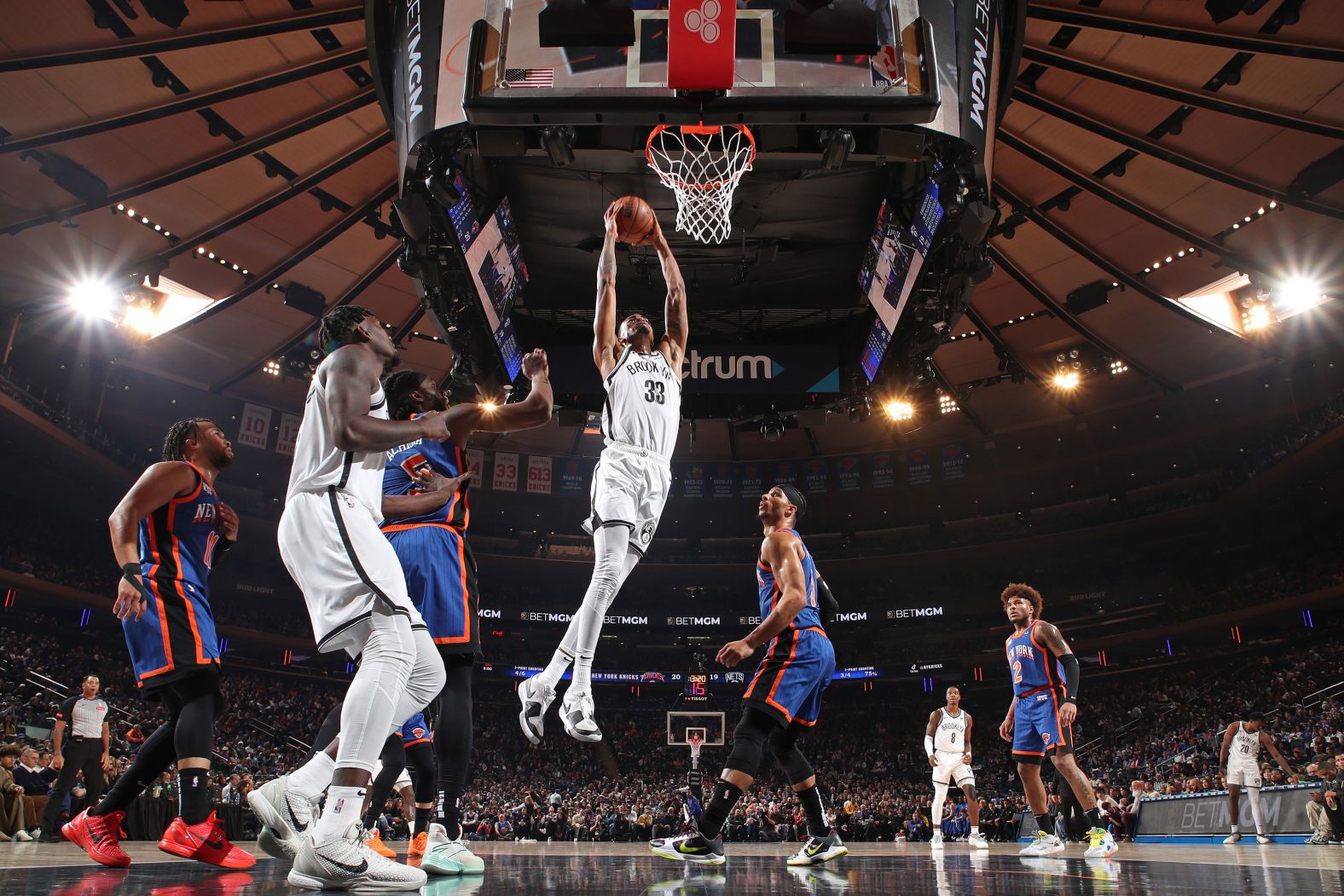 Brooklyn Nets center Nicolas Claxton dunks the ball during an NBA game against the New York Knicks on Saturday, March 23.