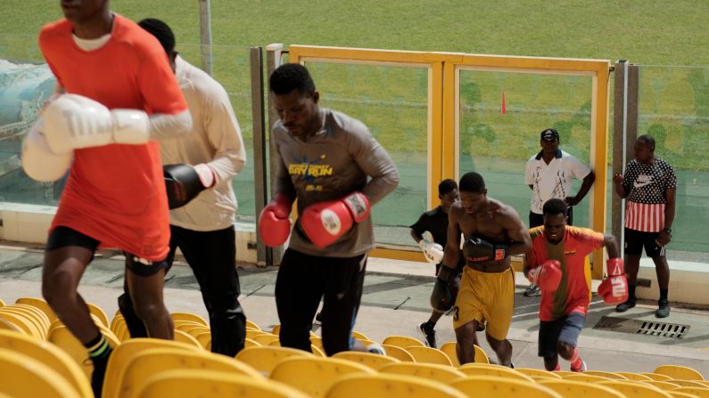 Commey is just one of the Bukom boxers with sights set on the Olympics. Pictured, the Black Bombers training for the 2024 Paris Games.