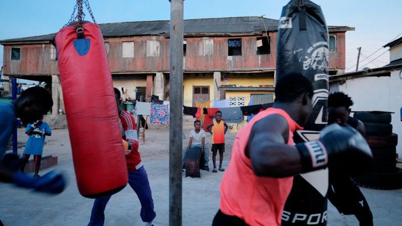 But whether the fighters are aiming for the Olympics, or just honing their skills, Bukom is a neighborhood where squares become makeshift rings, a tribute to the local passion for boxing.