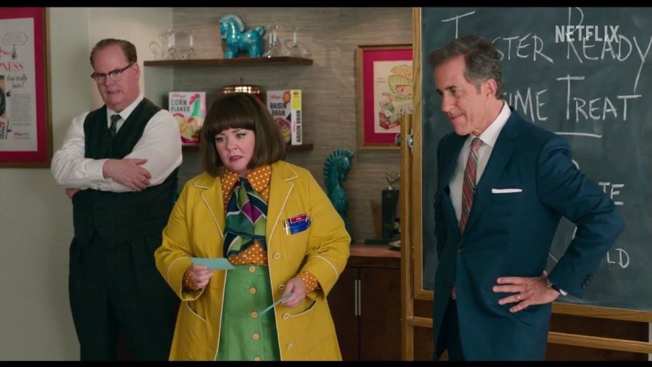 Jim Gaffigan, Melissa McCarthy and Jerry Seinfeld in the comedy "Unfrosted," directed by Seinfeld.