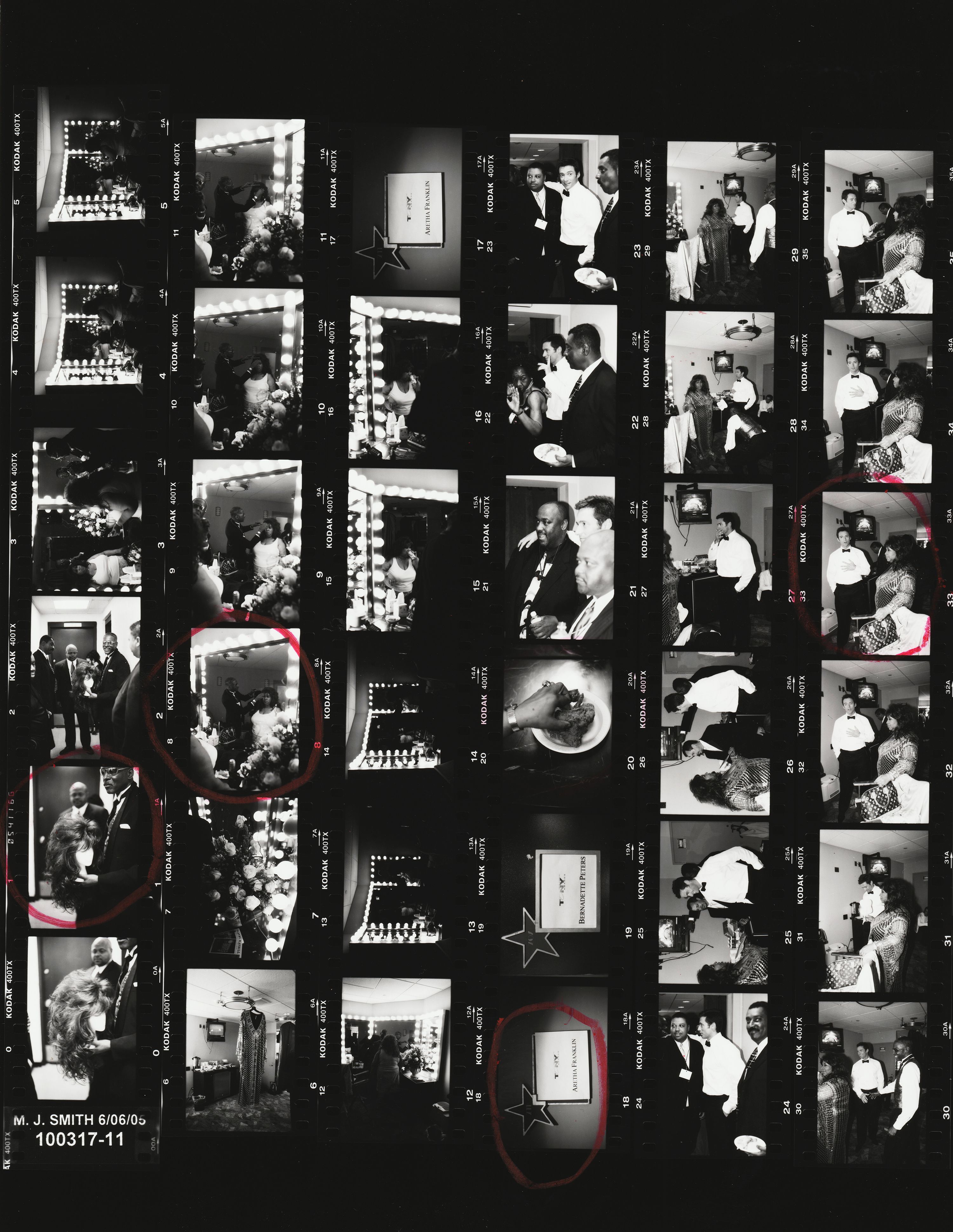 A contact sheet of Franklin and Hugh Jackman backstage at the 2005 Tony Awards. They performed 'Somewhere' from the musical 'West Side Story.'