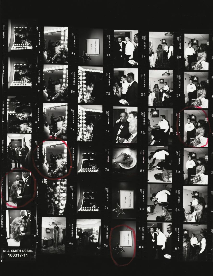 A contact sheet of Franklin and Hugh Jackman backstage at the 2005 Tony Awards. They performed "Somewhere" from the musical "West Side Story."