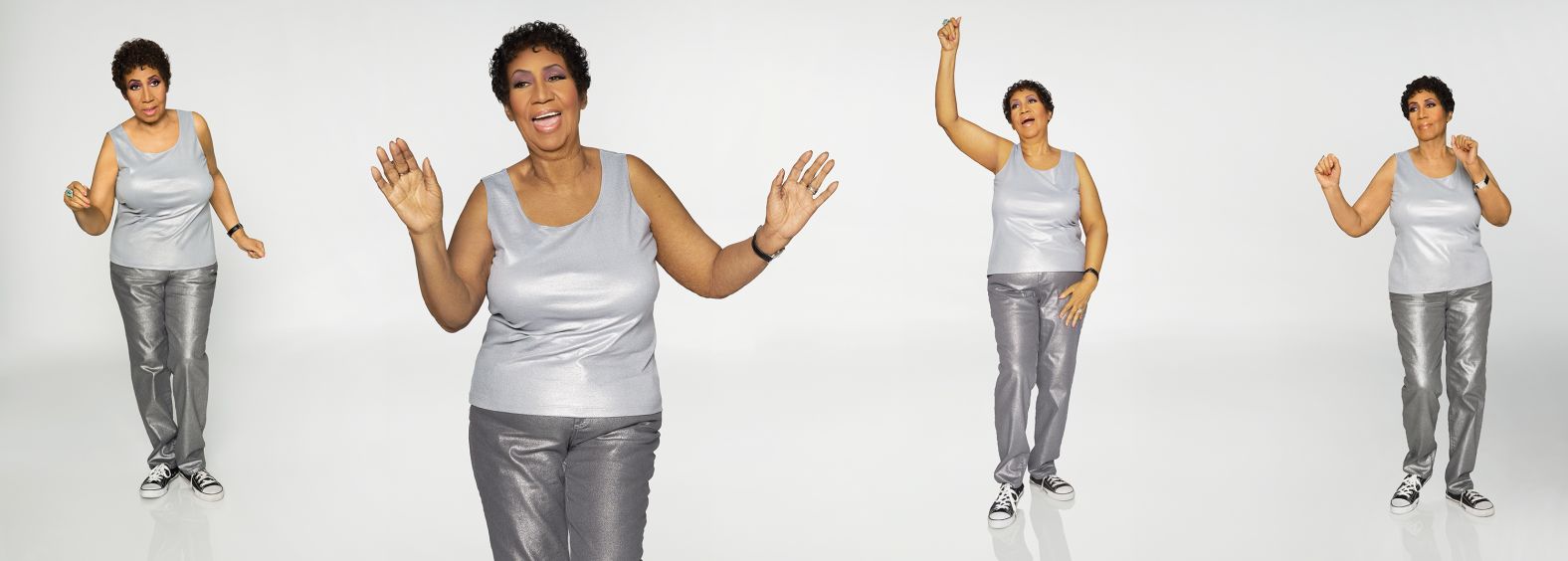 Franklin dances to her song "Sweet Sweet Baby (Since You've Been Gone)" during a photo shoot in Detroit in April 2014. The song was part of Smith's "Aretha Cool iPod mix," which was played during many of their photo sessions. 