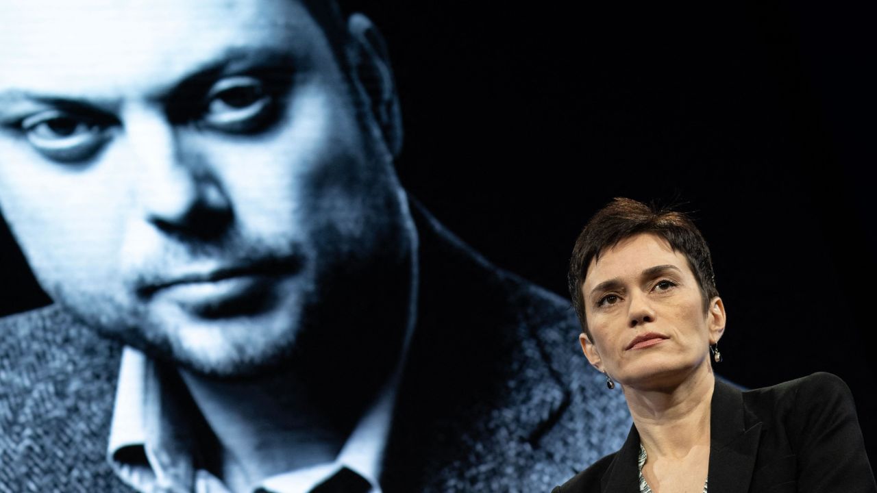 Evgenia Kara-Murza, wife of imprisoned political activist in Russia, Vladimir Kara-Murza, looks on during a discussion at the Washington Post in Washington, DC on April 17, 2023. The attorney for Kremlin critic Vladimir Kara-Murza, who was sentenced Monday to 25 years in prison, said the dissident was a political prisoner whose prosecution had no relation to justice. (Photo by ANDREW CABALLERO-REYNOLDS / AFP) (Photo by ANDREW CABALLERO-REYNOLDS/AFP via Getty Images)