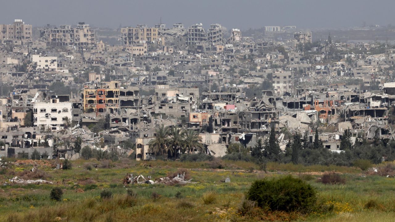 This picture taken on March 28, 2024 from Israel's southern border with the Gaza Strip shows buildings which have been destroyed by Israeli strikes, amid the ongoing battles between Israeli forces and Hamas militants since the October 7 attack on southern Israel.