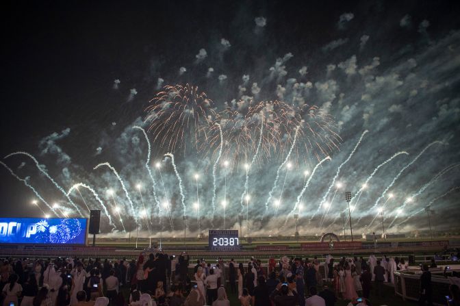 Fireworks explode over Meydan Racecourse in 2019.