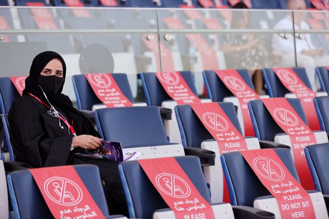 The coronavirus pandemic meant the 2020 event was canceled. The World Cup went ahead the next year, with empty seats displaying signs to enforce social distancing.