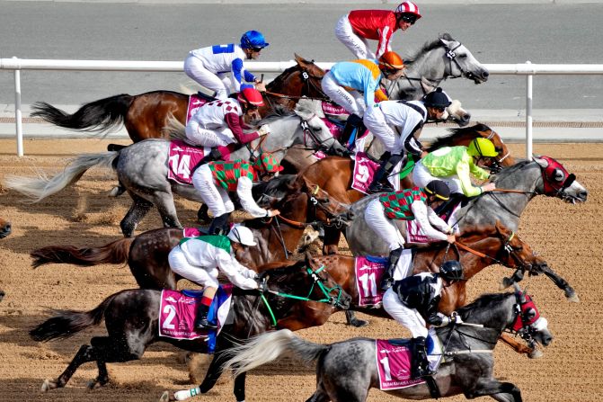 Horses and riders race during the Group 1 Dubai Kahayla Classic for purebred Arabians over 2,000m in 2022.