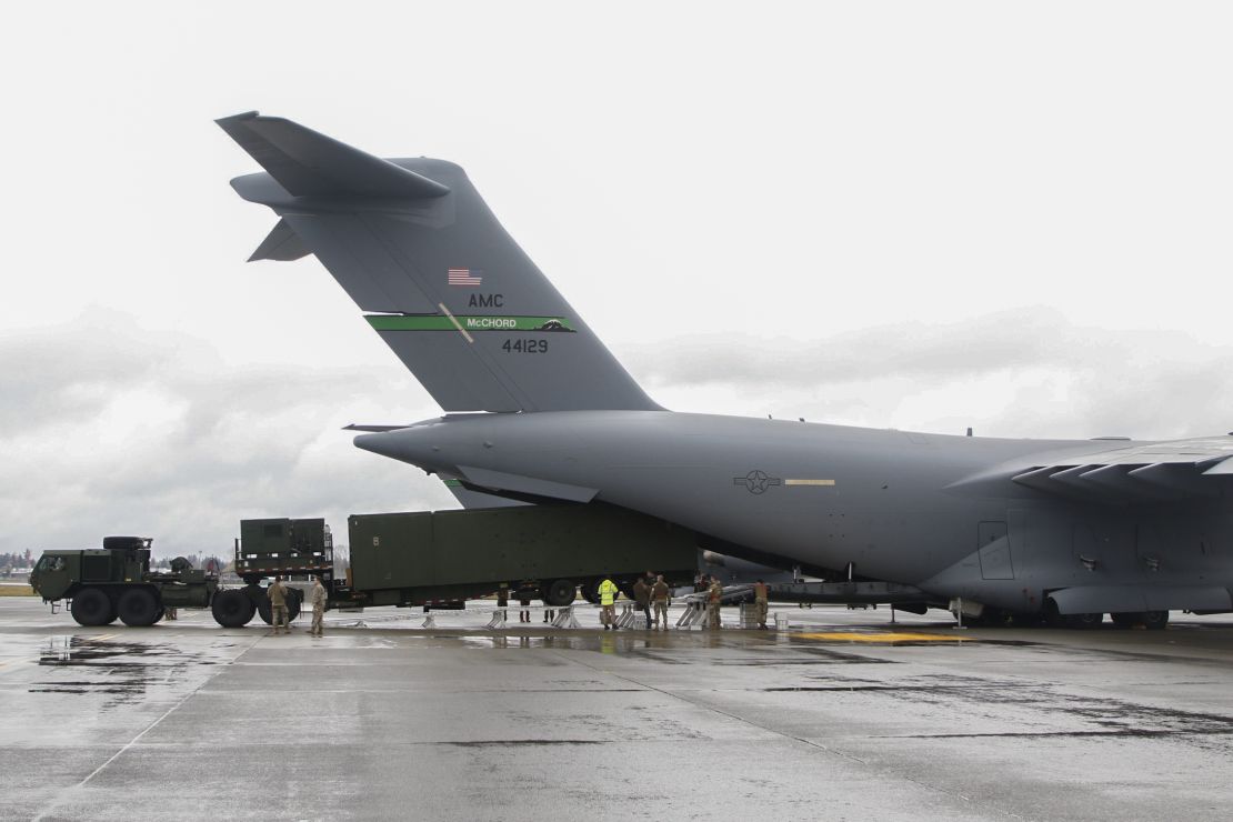 A Mid-Range Capability (MRC) missile launcher is loaded into a US Air Force C-17 at Joint Base Lewis-McChord, Washington, on April 4, 2024.