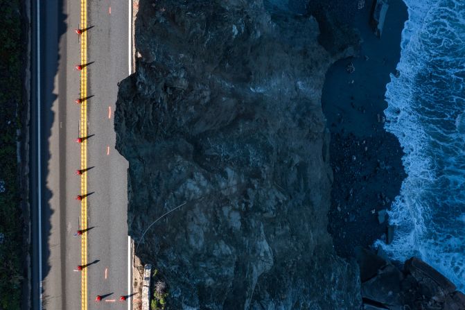 This aerial photo, taken on Monday, April 1, shows a break in the southbound lane of Highway 1 after <a href="https://www.cnn.com/travel/california-highway-1-damage-big-sur/index.html" target="_blank">part of a cliff gave way</a> in Big Sur, California, over the weekend.