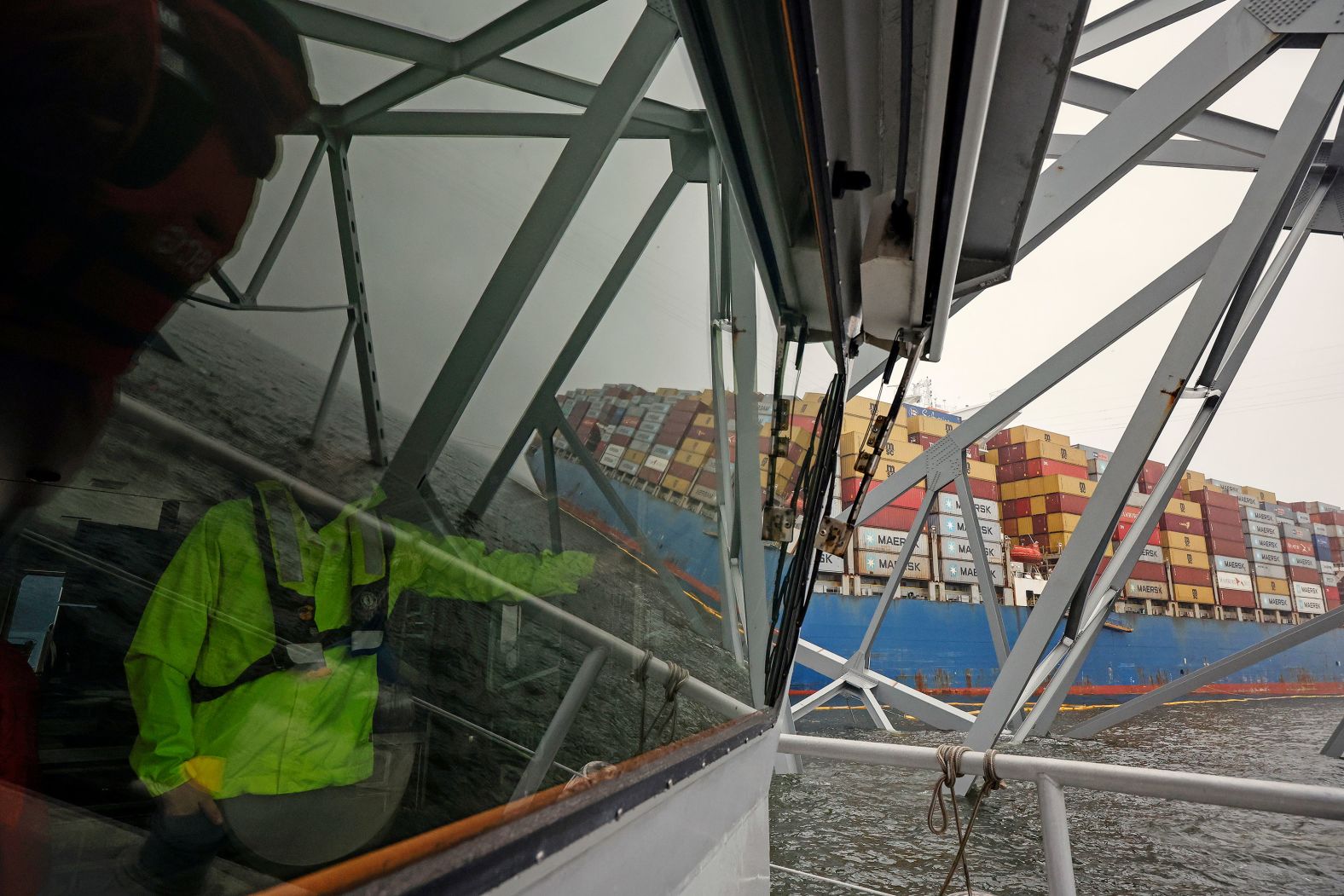 Salvage personnel work to clear wreckage in Baltimore on Tuesday, April 2, a week after a cargo ship crashed into the Francis Scott Key Bridge, <a href="index.php?page=&url=https%3A%2F%2Fwww.cnn.com%2F2024%2F03%2F31%2Fus%2Ffrancis-scott-key-bridge-collapse-sunday%2Findex.html" target="_blank">causing it to collapse into the Patapsco River</a>.