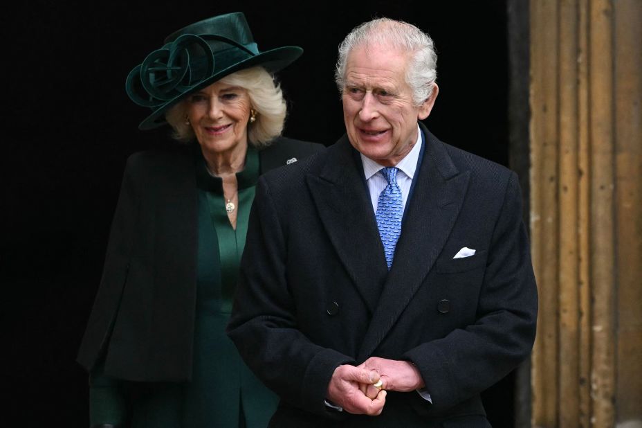 Britain's King Charles III and Queen Camilla leave St. George's Chapel in Windsor, England, after attending Easter service on Sunday, March 31.