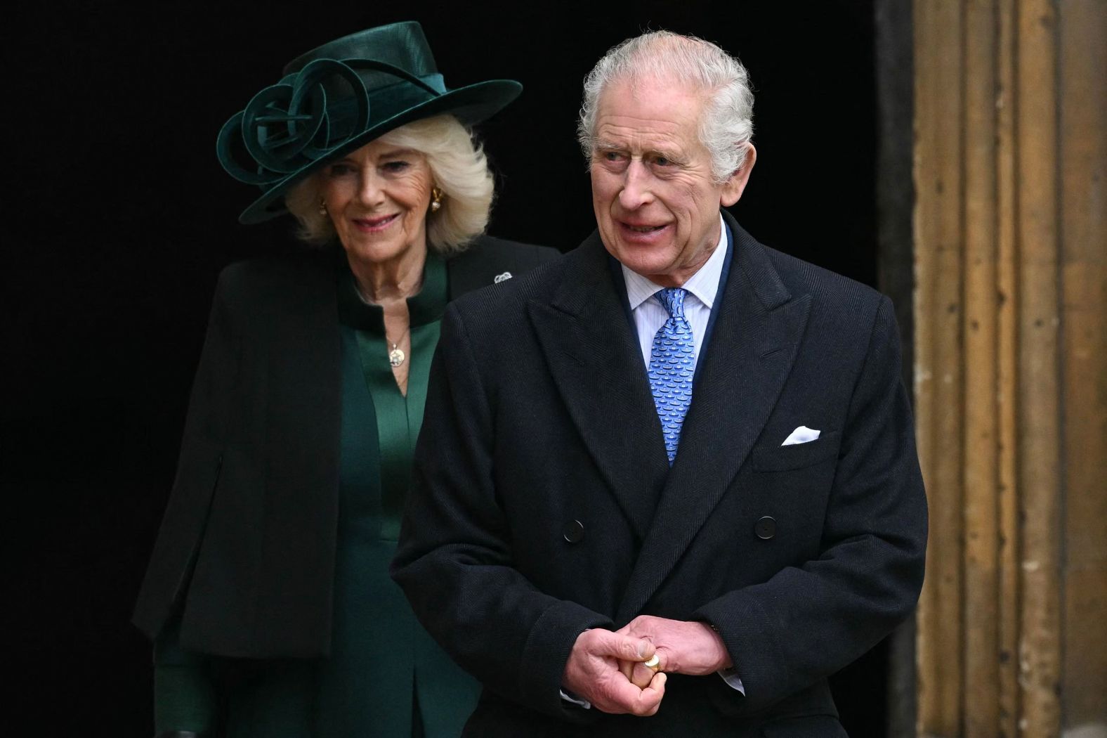 Britain's King Charles III and Queen Camilla leave St. George's Chapel in Windsor, England, after attending Easter service on Sunday, March 31.