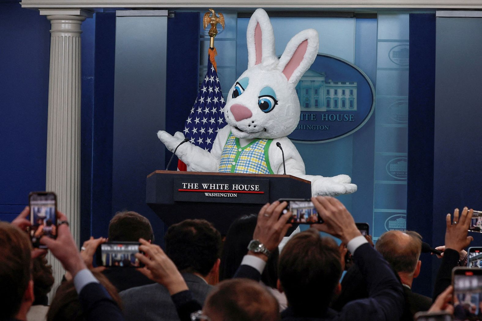 The Easter Bunny makes a guest appearance in the White House briefing room in Washington, DC, on Monday, April 1.