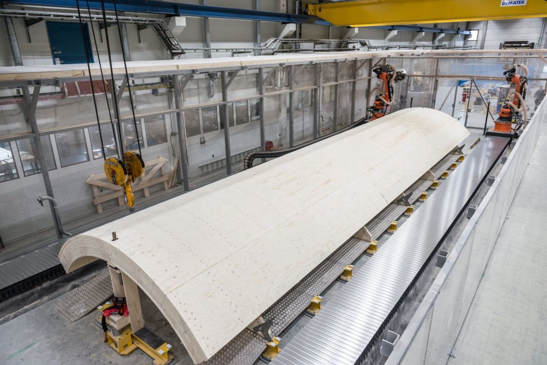 A wooden tower module being put together.