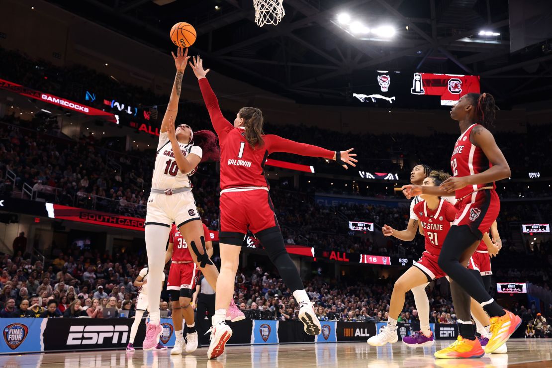 CLEVELAND, OHIO - APRIL 05: Kamilla Cardoso #10 of the South Carolina Gamecocks shoots the ball against the NC State Wolfpack in the first half during the NCAA Women's Basketball Tournament Final Four semifinal game at Rocket Mortgage Fieldhouse on April 05, 2024 in Cleveland, Ohio. (Photo by Gregory Shamus/Getty Images)