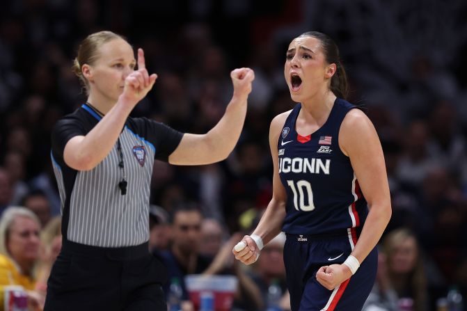 Nika Mühl of the UConn Huskies reacts after a foul in the first half.