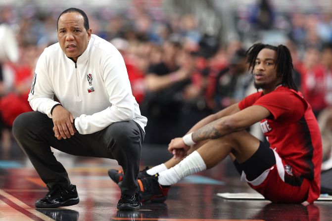 NC State coach Kevin Keatts watches in the first half.