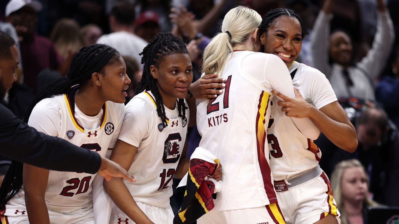 CLEVELAND, OHIO - APRIL 07: Bree Hall #23 and Chloe Kitts #21 of the South Carolina Gamecocks celebrate in the second half during the 2024 NCAA Women's Basketball Tournament National Championship game against the Iowa Hawkeyes at Rocket Mortgage FieldHouse on April 07, 2024 in Cleveland, Ohio. (Photo by Gregory Shamus/Getty Images)