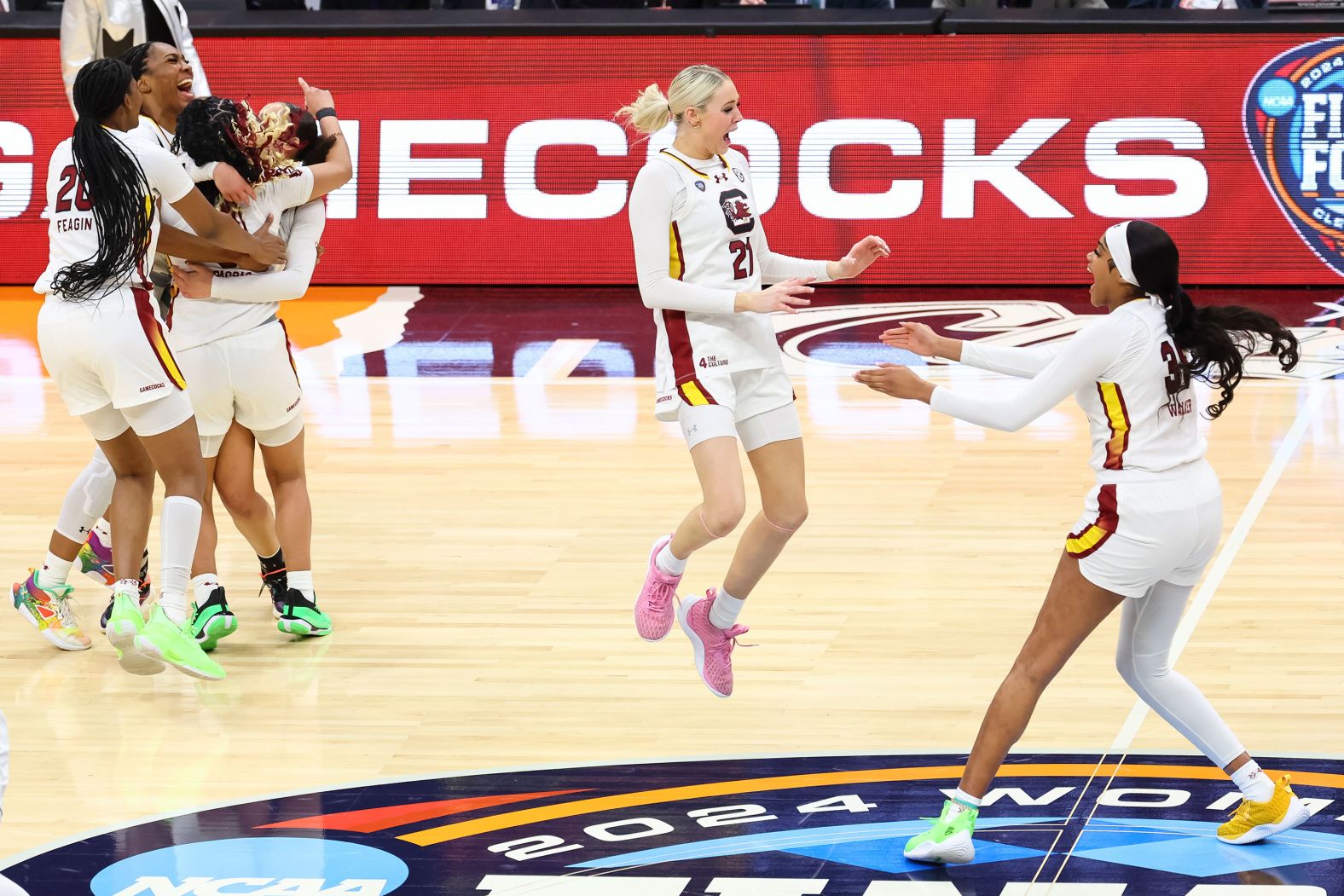 The Gamecocks celebrate after the game.